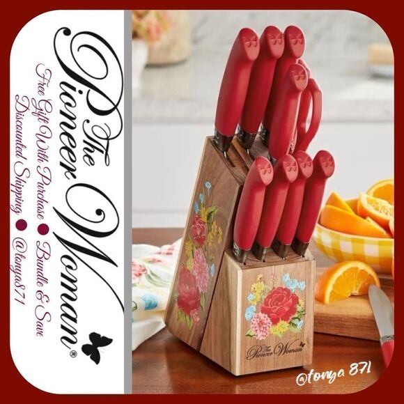 🦋 New Pioneer Woman Sweet Rose Block Knife Set, Red - Picture 1 of 6